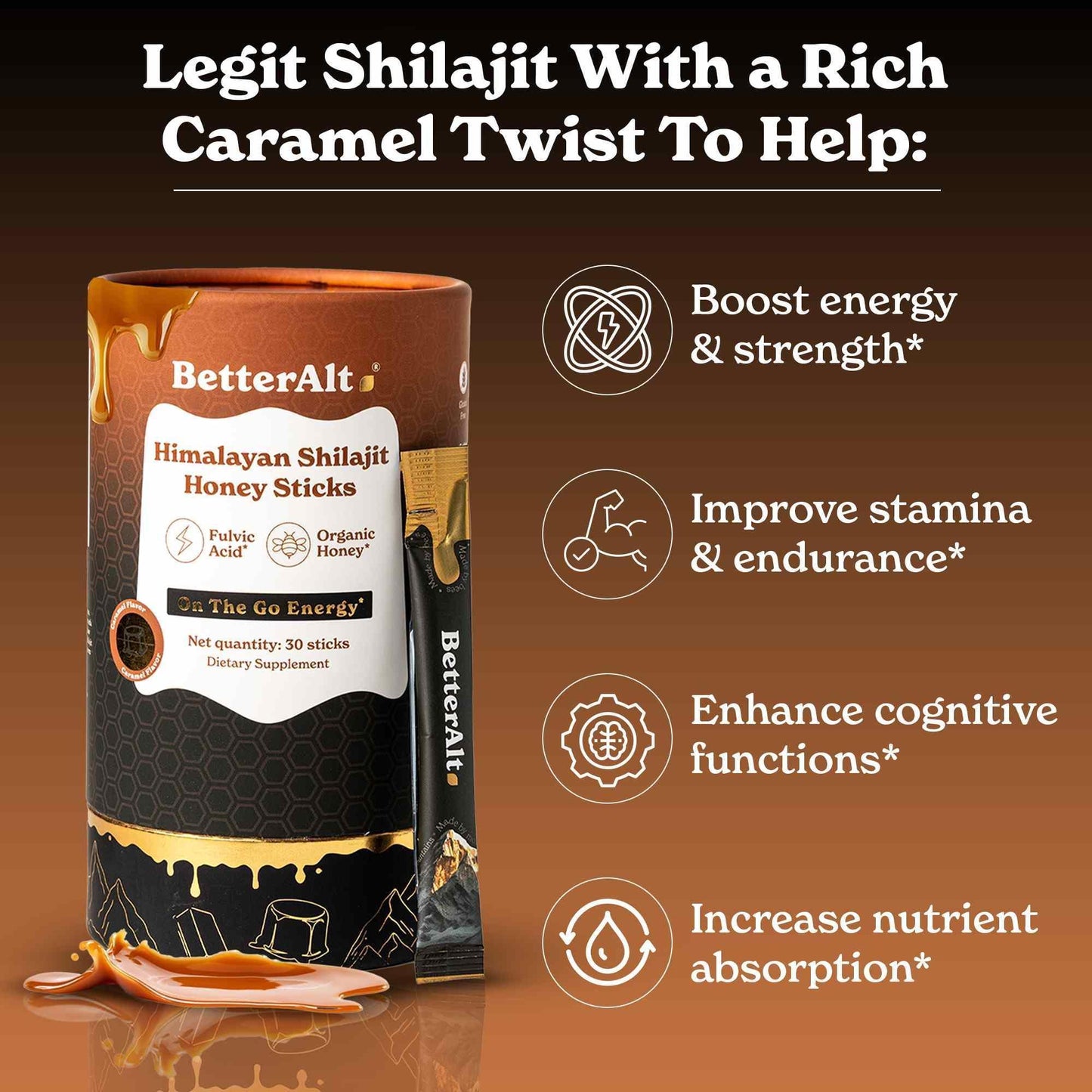 BetterAlt Himalayan Shilajit Caramel Honey Sticks